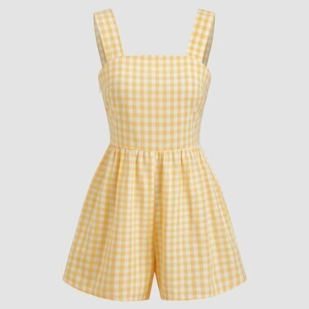 100% Cotton Square Neck Gingham Bowknot Romper